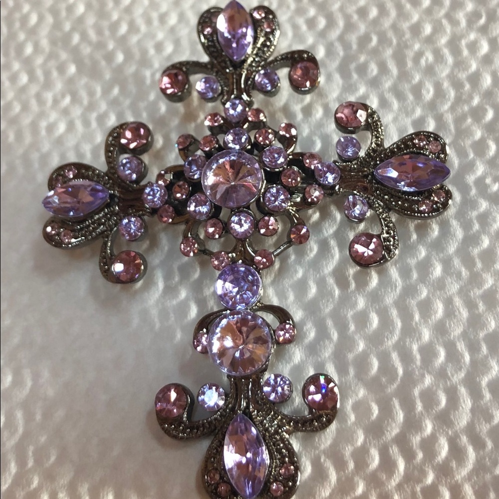 Vtge Pink & Lilac Rhinestone Cross Brooch - Picture 2 of 6